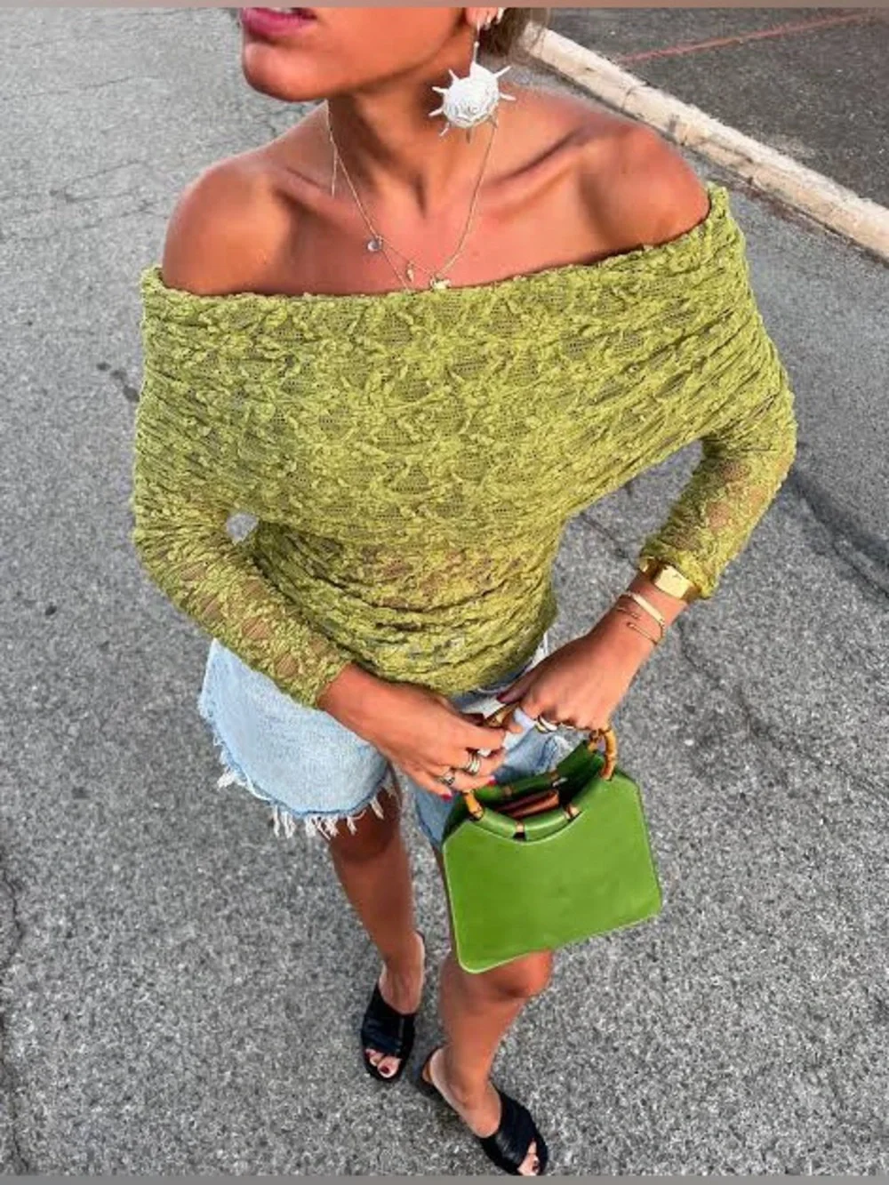 Zara Lace Top With Open Shoulders Translucent Square Neckline Pistachio Green